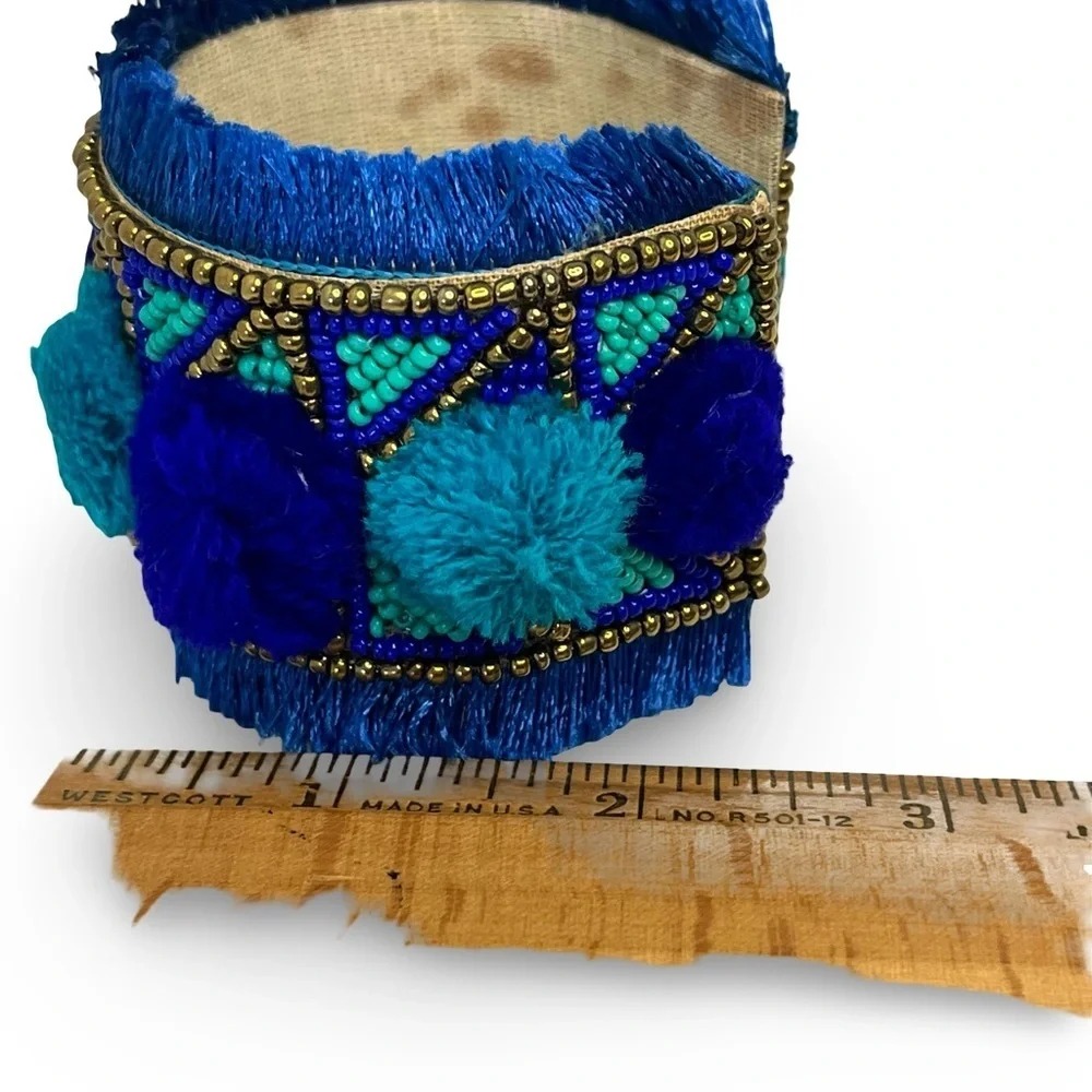 Bohemian Blue and Gold Textile Beaded Cuff Bracelet